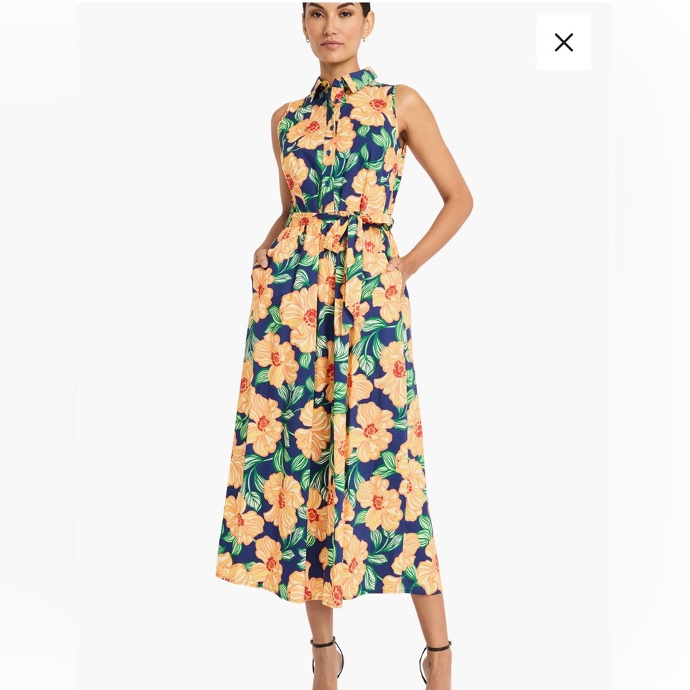 Maggy London Navy Floral Tie-Waist Sleeveless maxi dress with Yellow Flowers 10